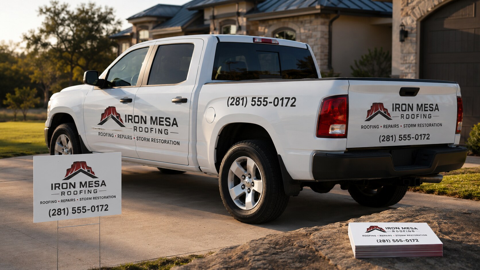 White pickup truck with graphics on the doors, bedside, and tailgate plus a yard sign and business cards for a roofing company