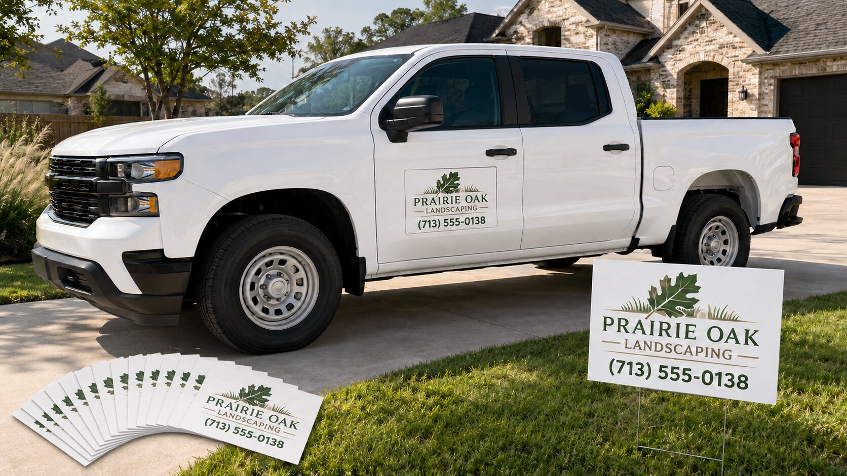 White pickup truck with magnetic door sign, yard sign, and business cards for a landscaping company