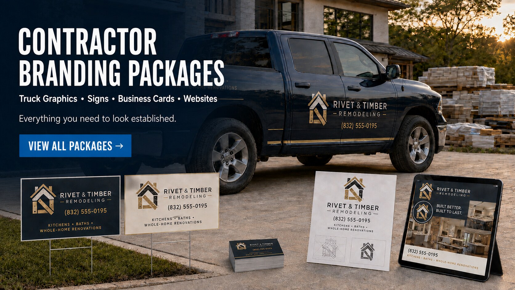 Contractor branding packages including truck graphics, yard signs, business cards, logo development, and websites.