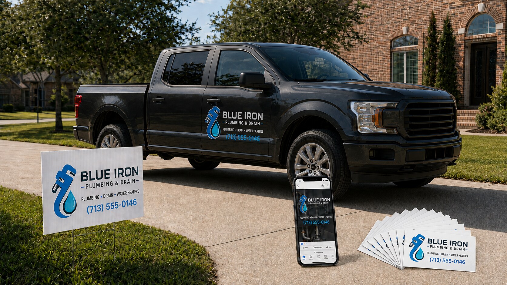 Dark gray pickup truck with full-color door graphics, yard sign, and business cards for a plumbing company