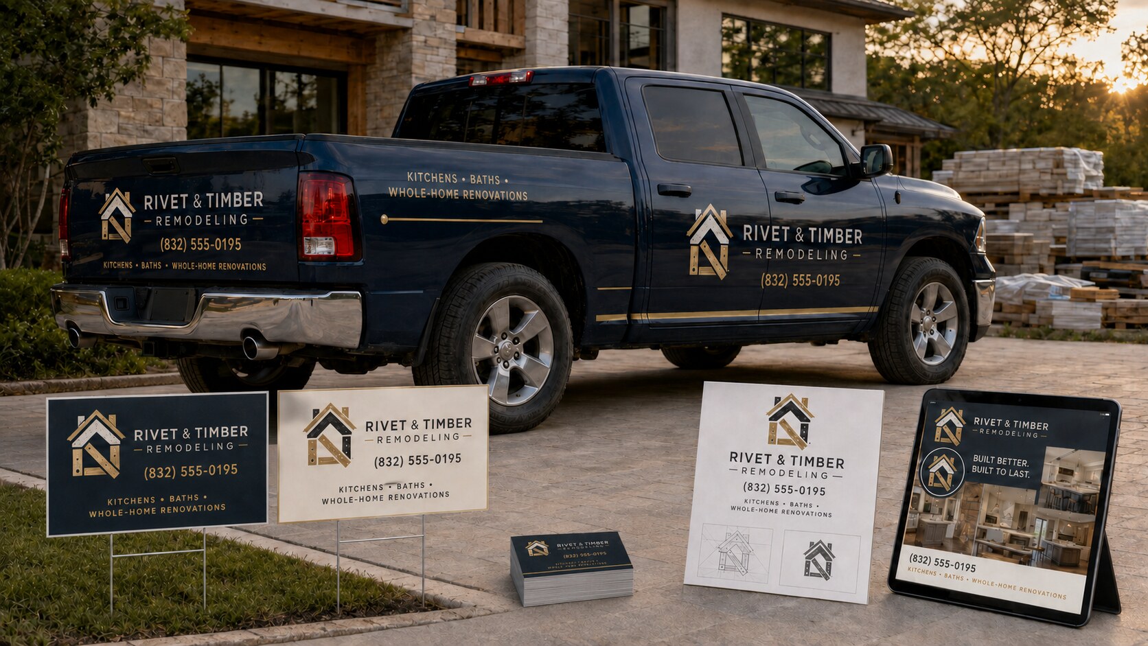 Navy pickup truck with full graphics beside yard signs, business cards, and a tablet showing branding for a remodeling company