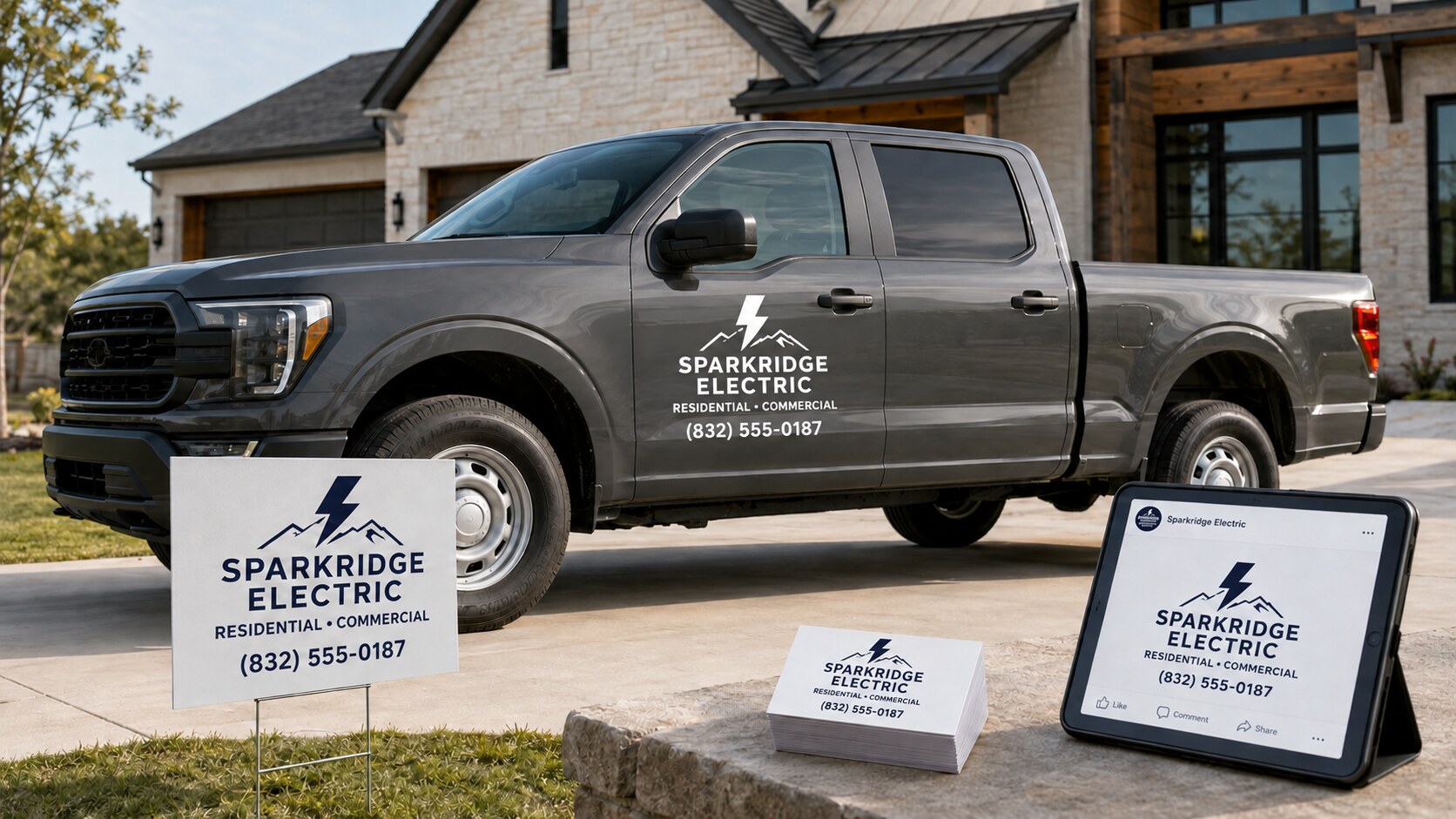 Gray pickup truck with white cut vinyl door lettering, yard sign, and business cards for an electrical company