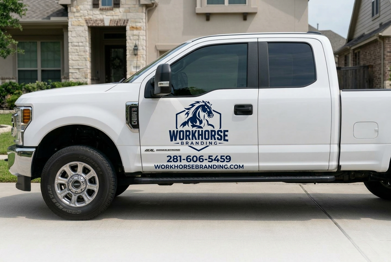 Work truck professionally branded with logo, phone number, and website