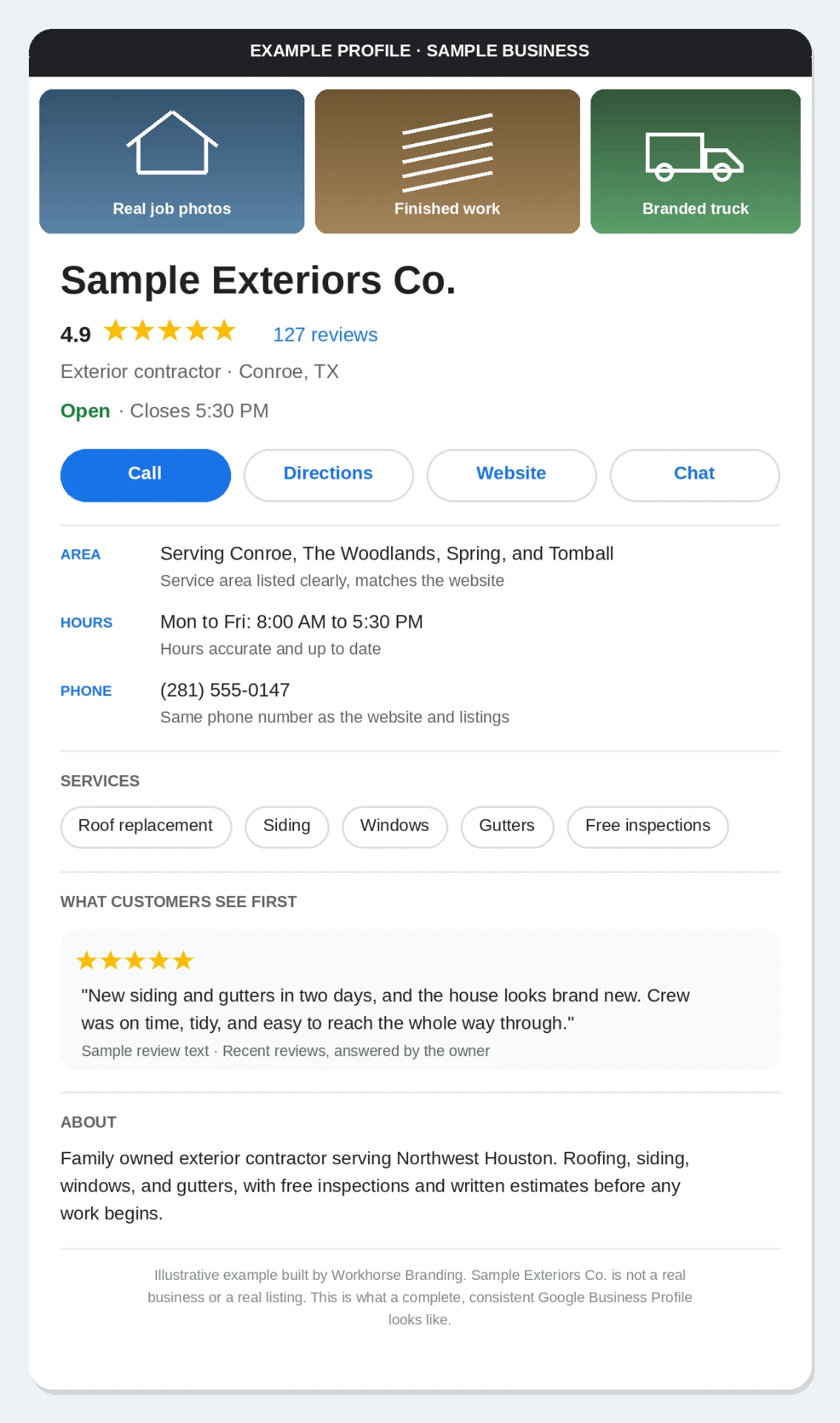 Illustrative example Google Business Profile for Sample Exteriors Co., a fictional exterior contractor, showing job photos, a sample star rating, Call, Directions, Website and Chat buttons, service area, hours and services