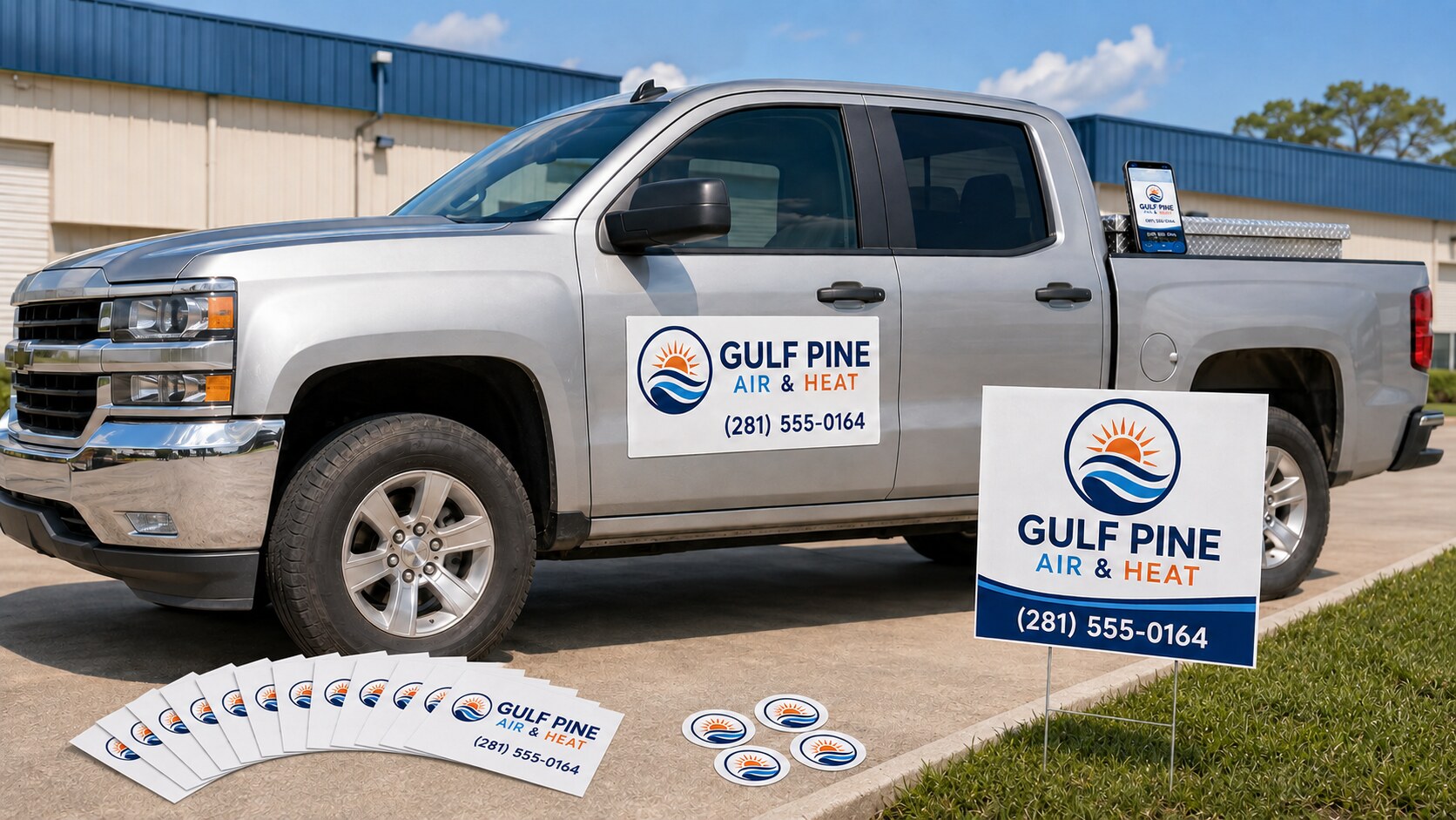 Silver pickup truck with large magnetic door sign, yard sign, business cards, and decals for an HVAC company