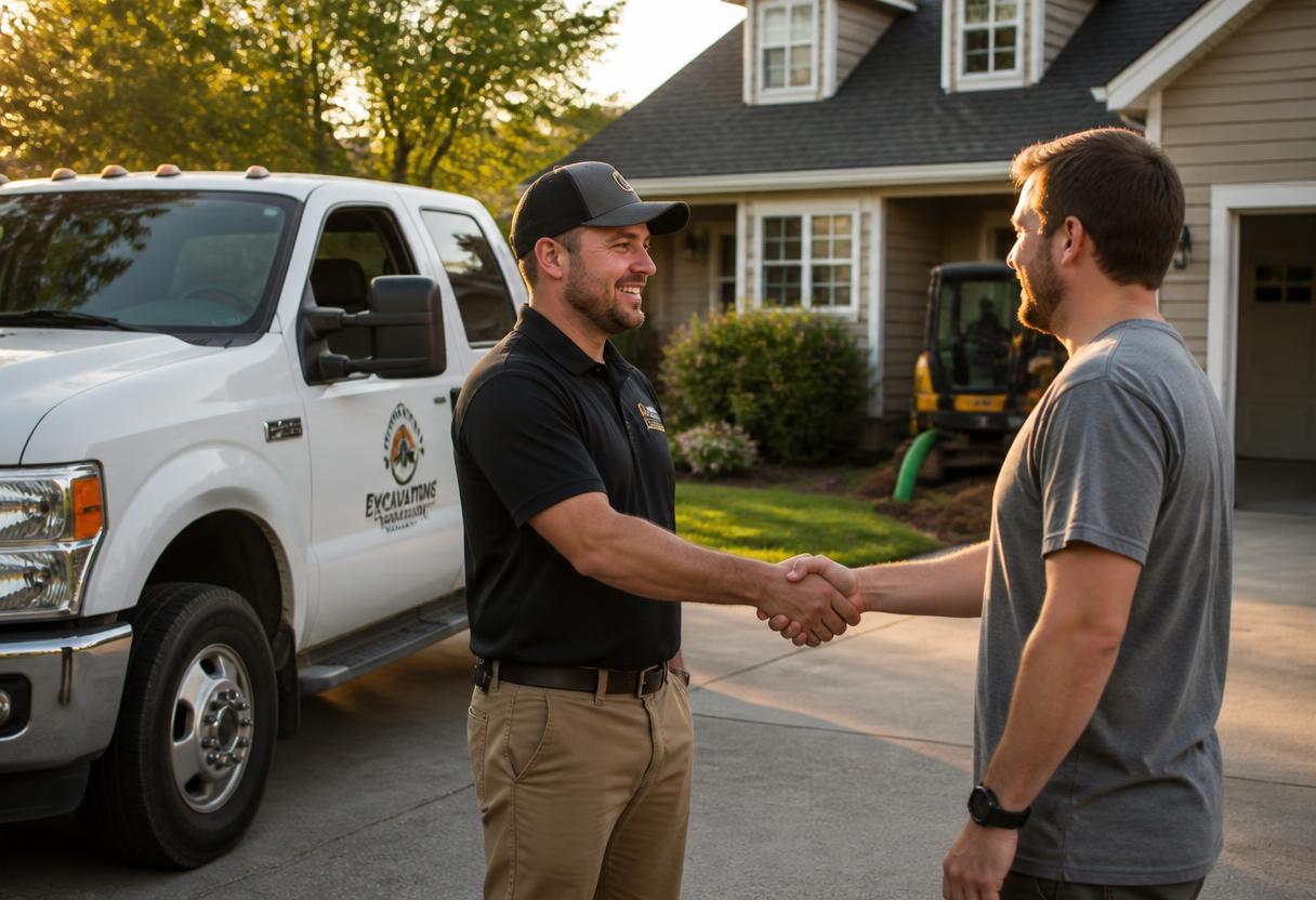 Contractor in a branded work polo shaking hands with a homeowner beside a branded service truck in a residential driveway
